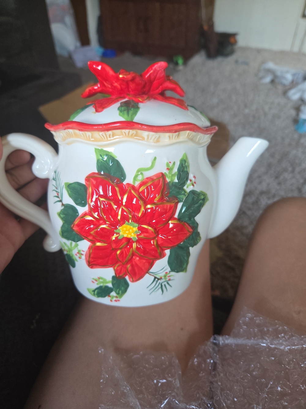 White Ceramic Poinsettia Teapot with Red Floral Accent
